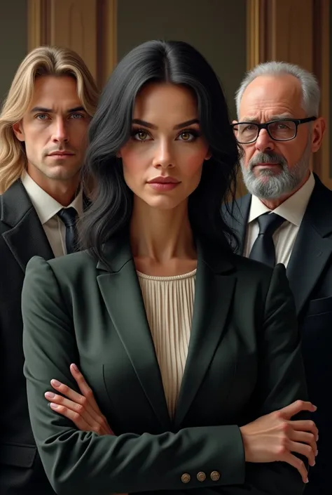 She reigns with her two spouses .  She has dark hair with some gray hair and dark eyes .  One man is younger and blonder than 40 years old and the other is older than 60 and has a beard