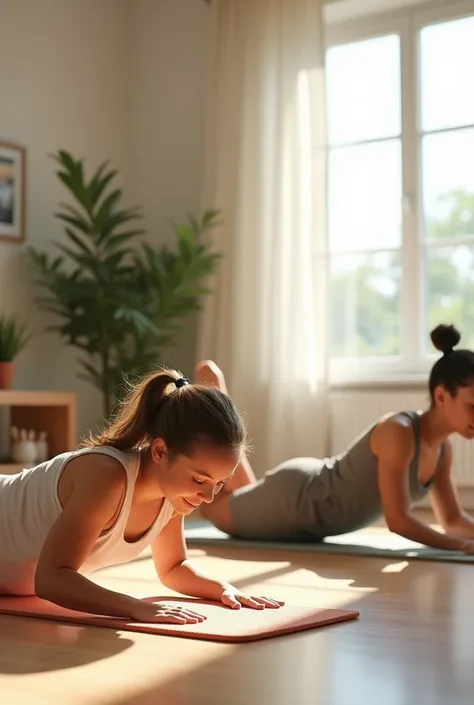 • Person at home ,  without fancy equipment ,  using a yoga mat .
	 • Showing exercises such as planks,  push-ups or jumping jacks .