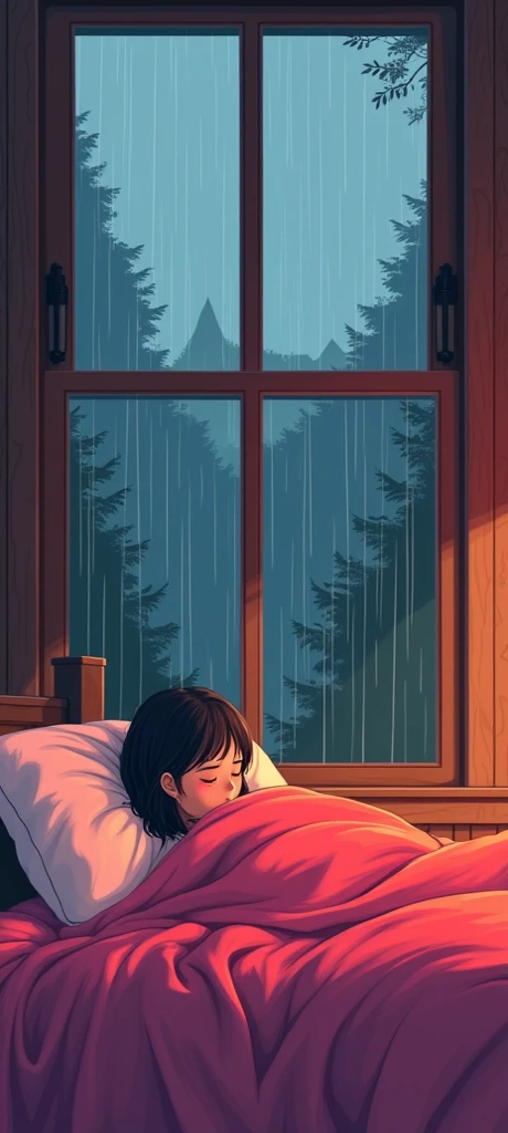 A girl at home sleeps in bed with a pink blanket and a red blanket, a girl in the lo-fi style, a work of art in the guweiz style, A large window behind the rain window, a room style wooden house hut a girl sleeps loish art style, lofi art,, someone at home...