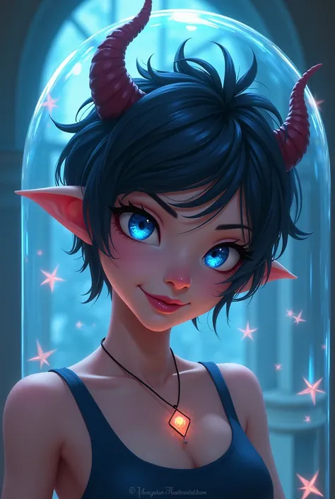  A teenage demon ,  with blue eyes ,  short hair, medium horns,  in a magic dome and with a smile.