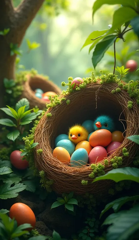 Explore the colorful bird nests hidden in the trees, filled with vibrant eggs and chirping chicks, revealing the ecosystems richness.