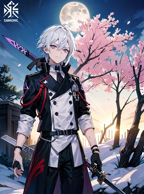 Anime – Boy character with white hair and purple eyes in the style of two swords, Detailed concept art, ( ( character concept art ) ), from arknights, Official Character Art, expert high detail concept art, soldier outfit, Technical Long Coat, from girls f...