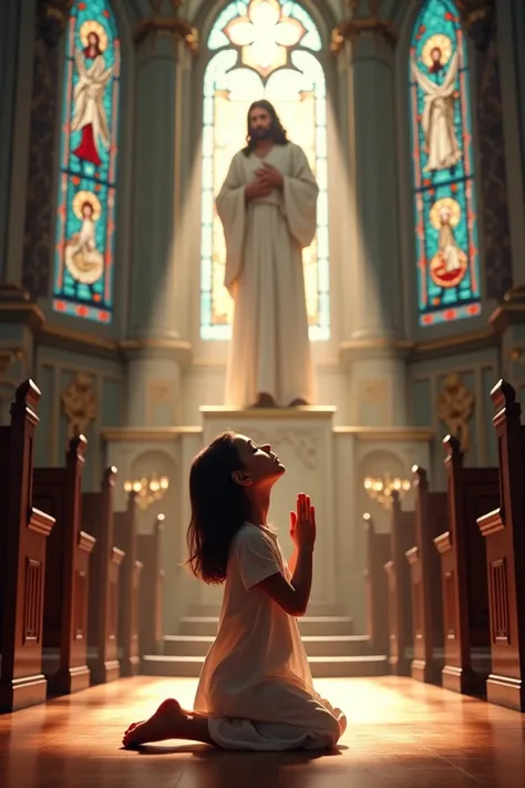  An adolescent girl at the evangelical church on her knees praying, Jesus Christ watching  