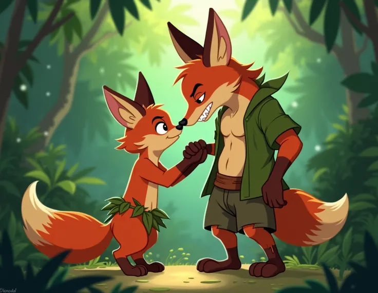 With flat 2d animation , A wild young male fox boy  ,  furr  , Osea on two legs  , the young fox boy is in loincloths made of leaves  , in the jungle ,  the young fox boy is smelling the breast of a male fox  ,  because the male fox has a green shirt whose...