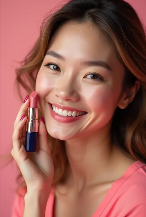 A young woman of about 35 years old smiling with a NIVEA lipstick promoting the product 