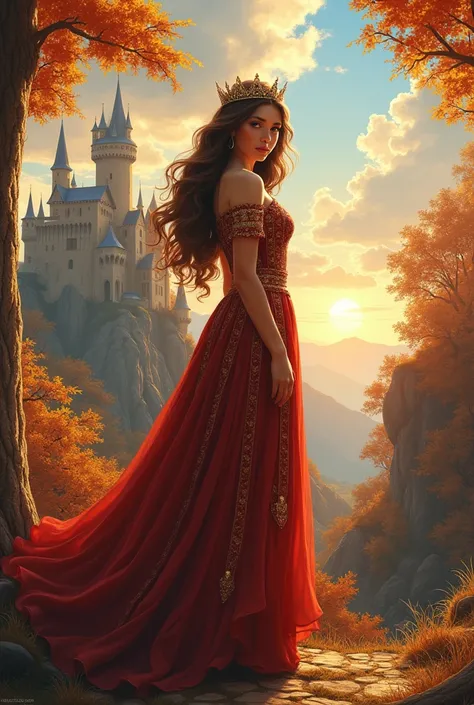  I want a cover for my fantasy book , That he has a 19-year-old girl,  with brown hair and honey-colored eyes ,  that wears a long dress and a crown, in the background a castle, autumn trees.
that looks powerful, Let it be Paraguayan 