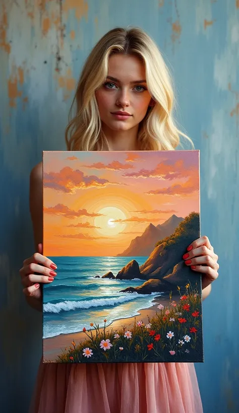 blonde woman holding a painting of a landscape, a painting inspired by Armand Guillaumin, cg society contest winner, metaphysical painting, nature painting, oil painting a bigger splash, 2 0 2 0 award winning painting, 2 0 2 1 award winning painting, 2021 ...