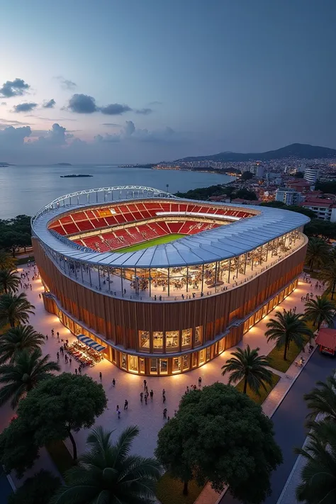  A hyperrealistic rendering of a modern extension of the Jaime Morón Olympic Stadium in Cartagena, Colombia.  The design respects the colonial architecture of the city , with wooden elements and balconies.  The new main grandstand is curved and has a retra...