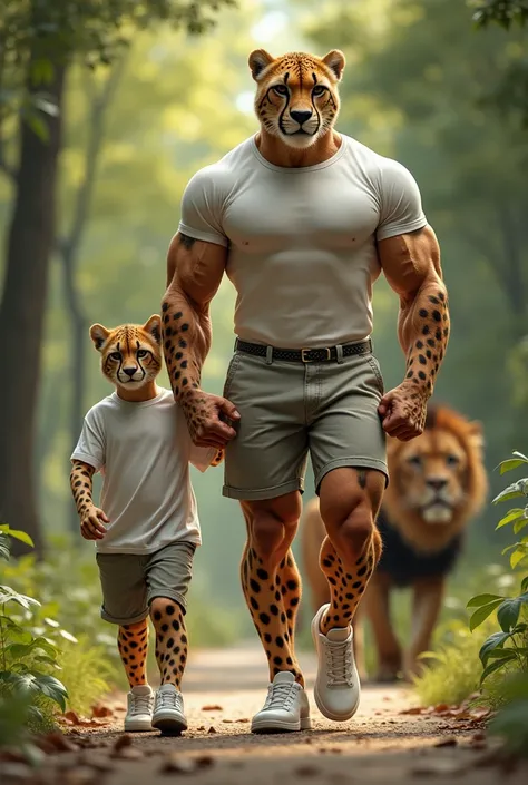 A humanoid body builder cheetah
 with his son walking in the park, wearing white shirts, lion, and white rubber shoes, 8K