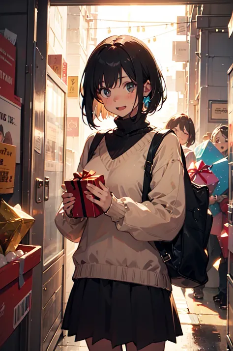 woman, Comfy sweater , break,  get a gift, break, Surprised,  happy , break, holiday, Celebration， 1 girl,  Shortcut,  black hair,  bob hair