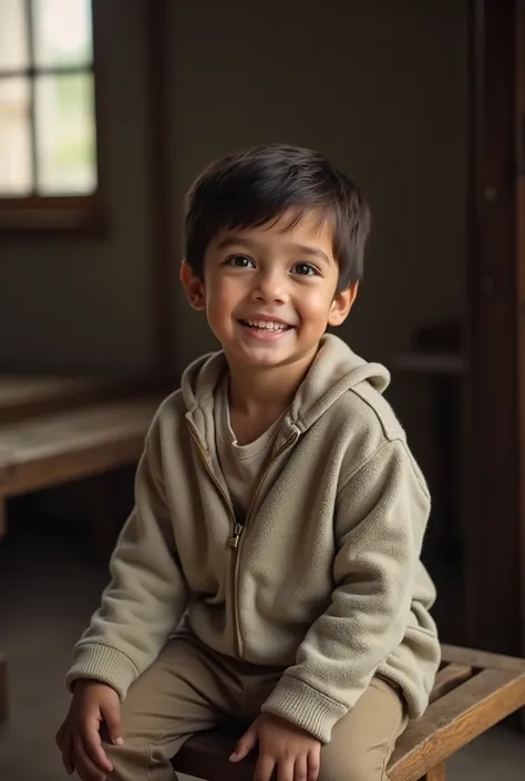 there is a young boy sitting on a bench in a room, a picture by Daniel Lieske, pexels, samikshavad, marvelous expression, young boy, young , shot on nikon z9, cute boy, little , , portrait of a small, young commoner, innocent smile, taken with sony alpha 9