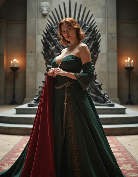 (fullbody shot:1.1): (long shot:1.1): (looks to viewer:1.1): generate landscape image, bright photo 1080P, beautiful XL-size woman 30-35 years 5.1ft with short dark red sort wavy hair her face is brightly lit, stands before the swords throne of Targaryen i...