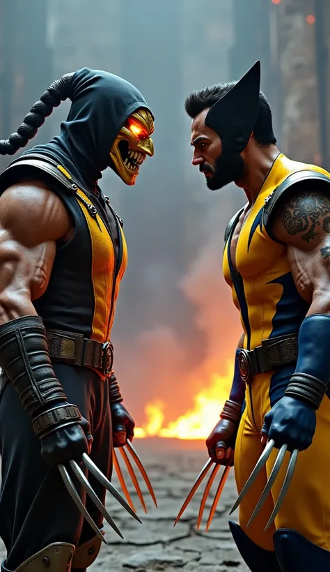 An ultra-realistic, intense confrontation between Scorpion from Mortal Kombat 11 and Wolverine from Marvel, as they stand face-to-face in a dramatic and cinematic showdown. Scorpion, clad in his signature yellow and black ninja armor, exudes a menacing aur...