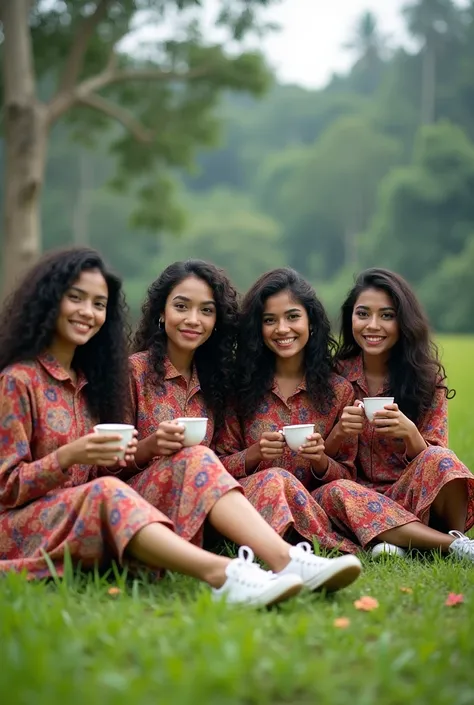 4 beautiful arab women ,  curly hair unraveled ,  wearing multicolored kebaya, and wearing sneackers ,  sitting cross-legged on the ground ,  smiling,  her hands holding a cup of coffee,  The background shows Indonesian rural rice fields, leica,  film phot...