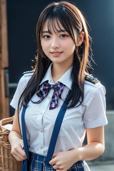 (( school uniform)), ribbon around her neck,( school uniform and ((Navy checkered skirt)) and a white shirt:1.1), Skin color, big , smile, (8k,  RAW photo,  best quality ,  Masterpiece :1.2),  Masterpiece , super  Details,  very high quality, (Realistic an...