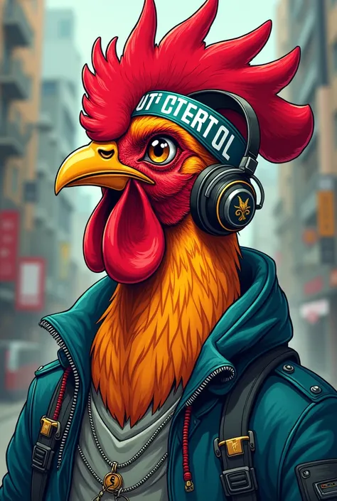 Rooster with headphones with jacket and a headband that says out of control