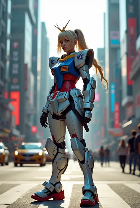 navelImagine a vibrant and dynamic scene set in the heart of a bustling city. A woman stands confidently in the middle of a busy street, her presence commanding attention. She is dressed in an intricate Gundam cosplay, complete with detailed armor and stri...