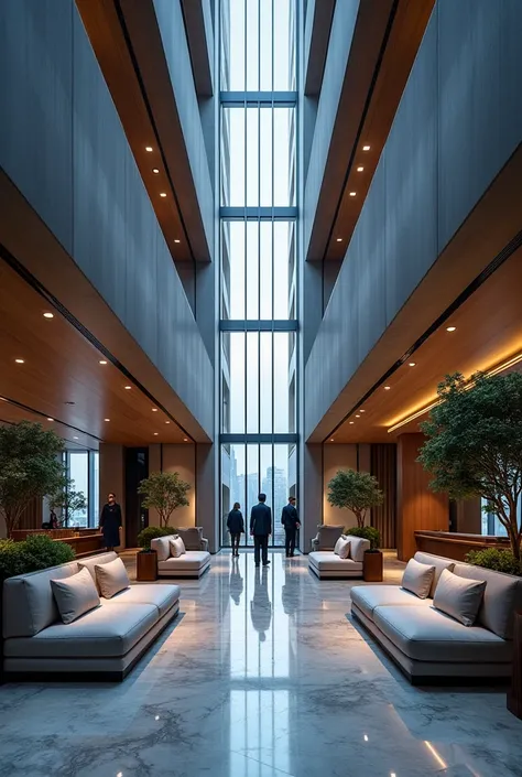 Interior of a modern luxury hotel in gray, blue and white and black tones.