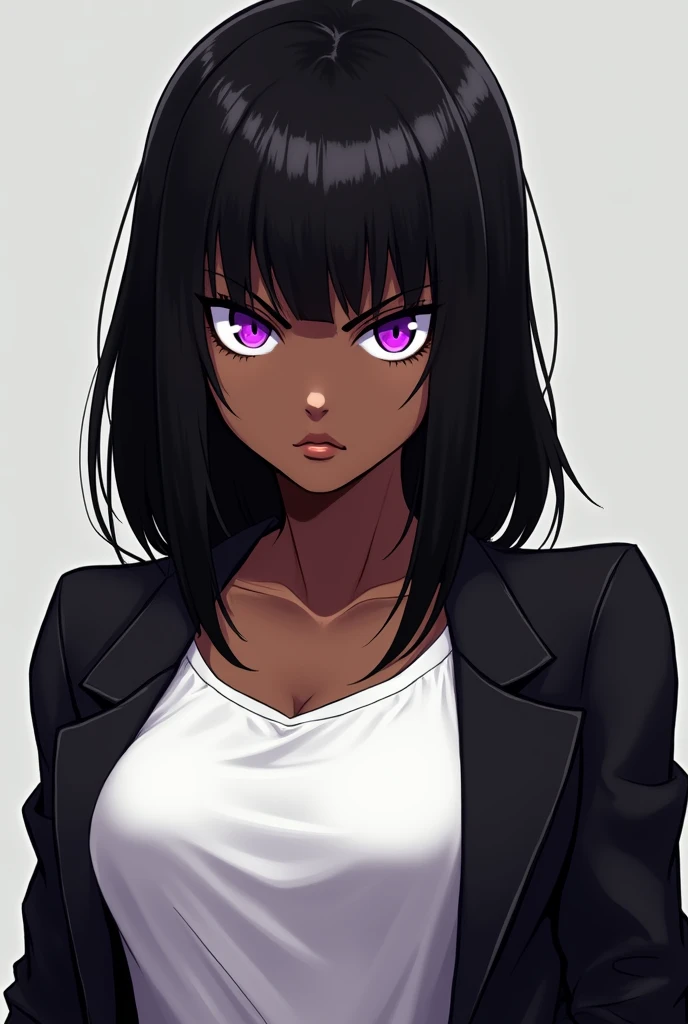 Make a black woman with straight black hair with medium length ,  eyes shining brightly in a strong purple and wearing a white T-Shirt and a black overcoat, with an angry expression.  anime style  