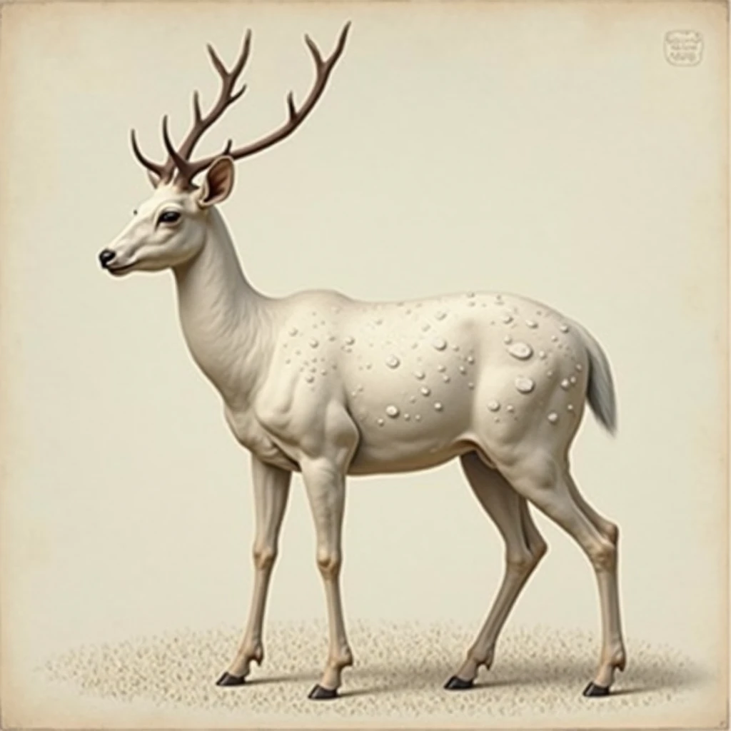 Early Renaissance-style image, of a beautiful Hanaean hornless deer with white moles and no background