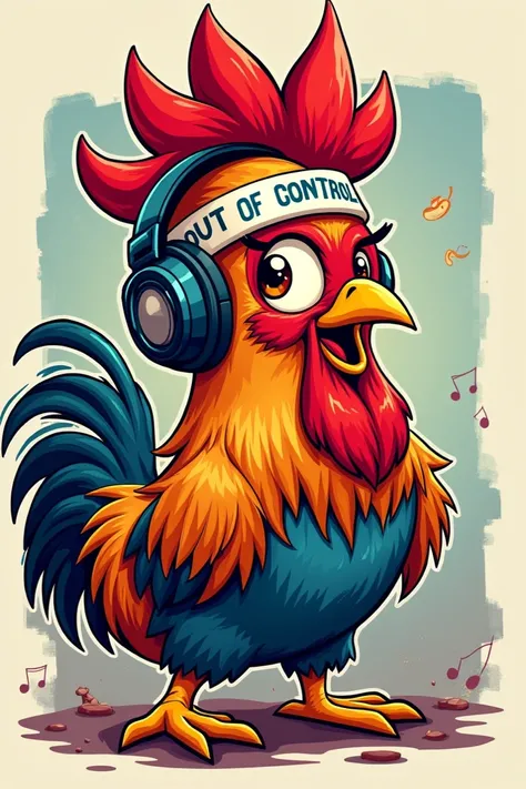 Gallo with headphones and a headband that says out of control