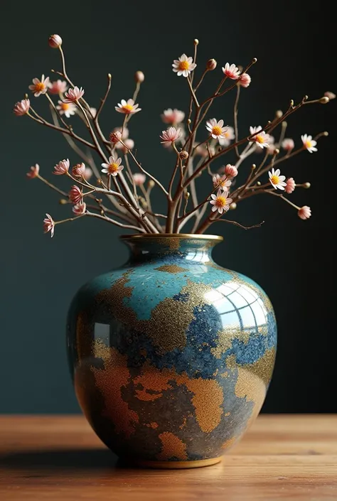 Hyperrealistic_masterpiece, state_of_the_art_amazing_unreal_engine, "A ceramic jar made it from polished and reflectant clay ceramic from a still modern arrangement from a jar and still life emerge inside from the jar in kintsugi intricate setting", master...