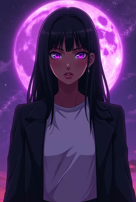 Make a black woman with straight black hair with medium length ,  eyes shining brightly in a strong purple and wearing a white t-shirt and a black overcoat, with an irritated expression set against the background of purple lunar particles .  anime style  