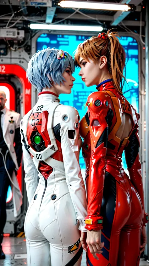 2girls, evangelion, back to back shoot.                                                                                                                                                            
asuka langley, red suit.                                    ...