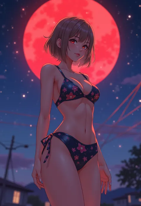 (gigantic big breast:1.5), (shiny skin:1.3),(one girl:1.2),(cleavage:1.5),beautiful eyes,(ultimate apart breast:1.3),(star pattern mini skirt:1.5),,,(smile:1.1),(dreamy starry night with big red moon  :1.3),(big hip:1.5),(bangs:1.1),(short light brown hair...