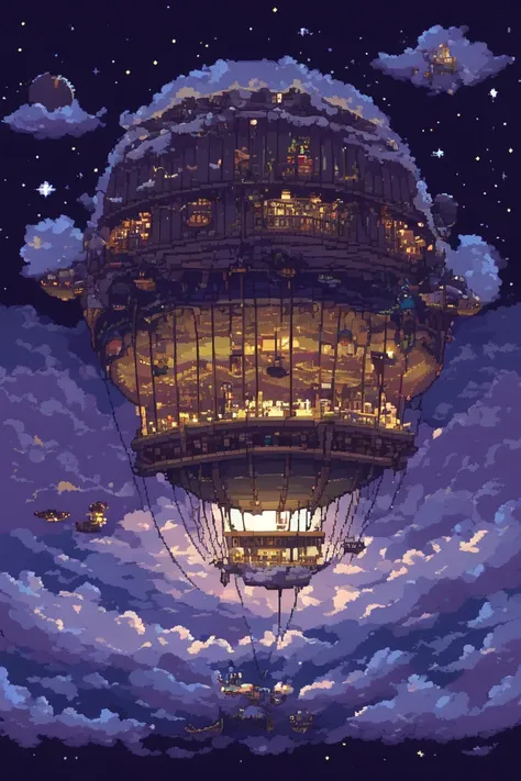 pixel art, ((1 a dirigible airship fantasy)), night, clouds, stars, (surround sky), isometric