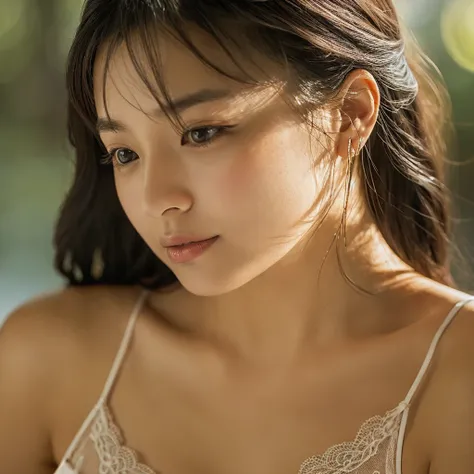 A hyper-realistic image of a single Japanese woman in her early 20s, captured with the nostalgic warmth slightly reduced and enhanced with strong graininess characteristic of a film camera. Her skin has a natural, slightly rough texture that includes visib...