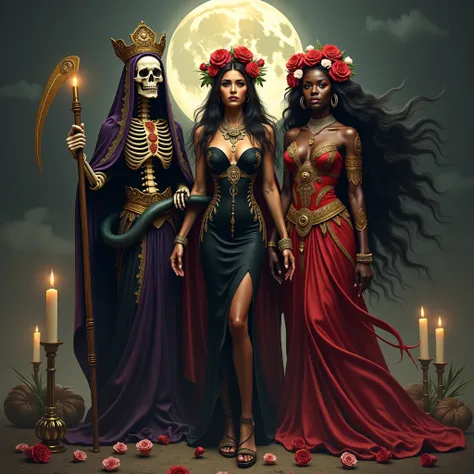 Three powerful female figures stand together in a mystical scene. The first is a Mexican folk saint, depicted as a tall, skeletal figure with a hollow face and dark eye sockets. She wears a flowing robe in black, purple, and gold, adorned with intricate pa...