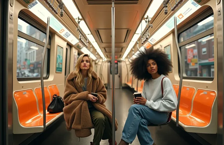 only two females in frame, Caucasian female (cute, pale, long hair, blond) meets a stunning young black African woman (afro hair to one side, afro hair), possibly new lovers, ultra-detailed, highly realistic, photorealistic, 8k, in NYC subway car, HDR, war...