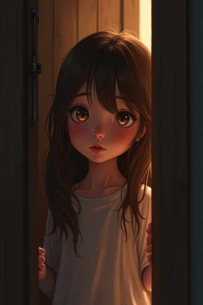 Girl with brown hair and honey eyes ,  hidden behind the kitchen door ,  its nighttime and she overhears her grandparents conversation on the sly