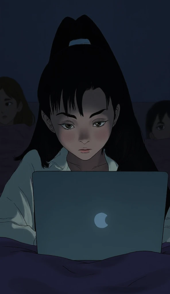 Create image,  ratio 9 by 16 for TikTok  ,  excellent resolution ,  realistic style,  High image quality , For the description : Lucia is in her room using a notebook during the night, Very focused looking at a site ,  Lúcia is a 16-year-old teenager with ...