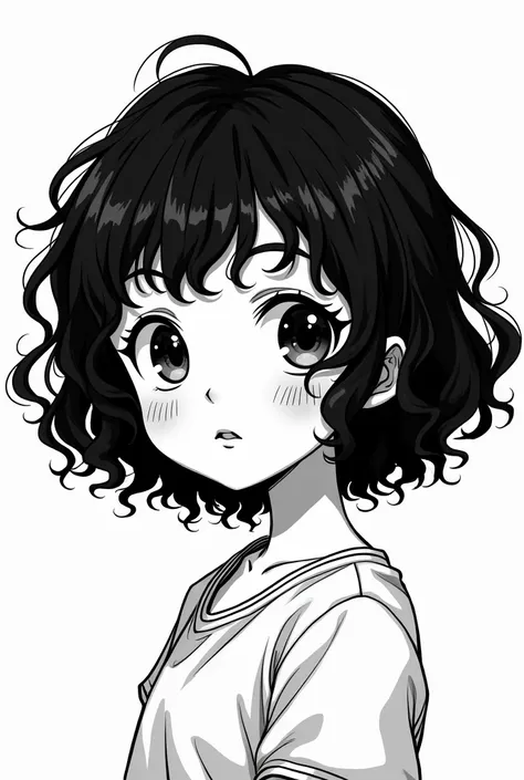 Create an image of a black and white manga style girl with curly short hair