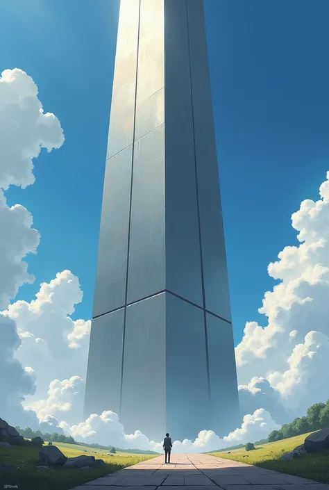 A close-up of the Iron Pillar, emphasizing its towering height and smooth, metallic surface. Include a person standing nearby to show the scale of its massive size against the surroundings.