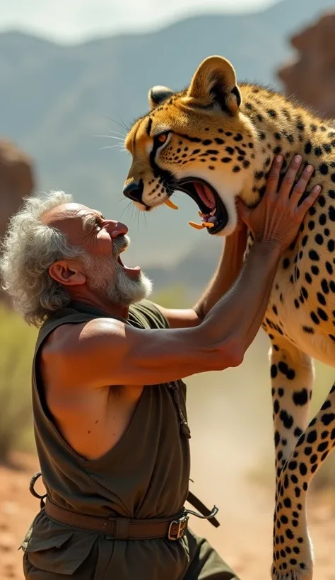 The old man fights against an angry giant cheetah attacking the old man 　 The old man wins the battle by punching and kicking the angry cheetah　 best quality　Realistic　photograph　 real