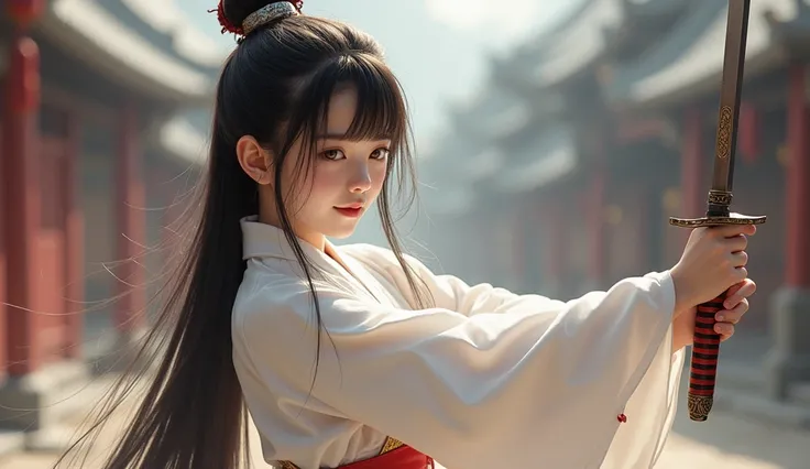 A realistic charming  character depicted as a realistic beautiful chinese girl long bangs hair swordman assassin, white dressed in traditional Chinese attire, is performing a sword-drawing action while looking down. This character features beautiful eyes a...