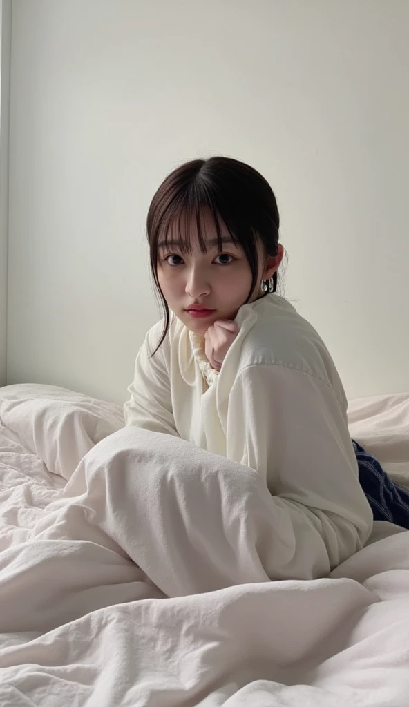 Alone、 natural body shape、 white skin、  natural makeup、 black hair、bangs、 long straight hair、、(The chest is loose 、barefoot、 white blouse、 blue plaid pleated skirt)、、( legs:1.3)、((The upper body is wearing a uniform))、((((( is staring at the camera)))))、((...