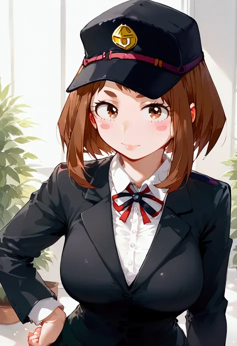 Uraraka Ochako from my hero academia. mochako, blush stickers, short hair, hand on her hips, standing, hips, upper body, shiny skin, office background, red suit, black baseball cap