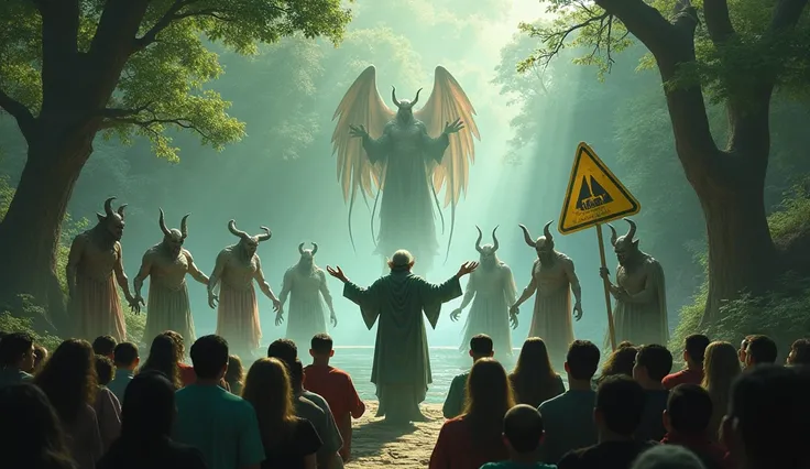 A realistic image of demons in angelic nature and A false prophet speaking to a crowd, with a warning sign