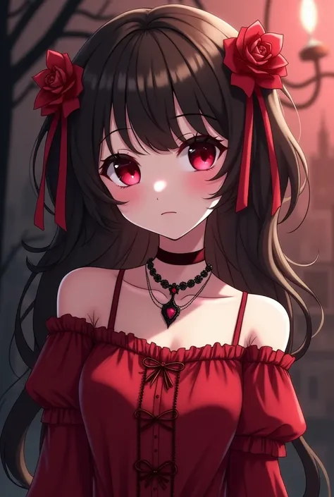 Female vampire anime character who looks cute with dark brown frizzy hair lenses with red eyes wear ribbons and necklaces red clothing