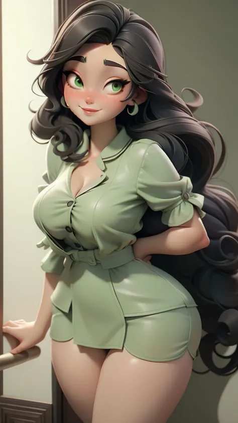  beautiful woman , curvy gird with a tired look ,  small dark circles black hair tied up ,  a little disheveled ,  green eyes,  perfect smile ,  waiting for her husband in small pastel-colored two-piece pajamas with provocative neckline,  sexy big breasted...