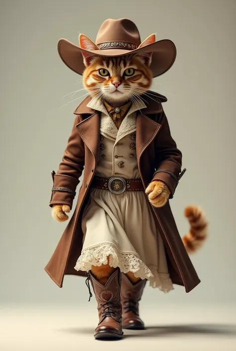  cat steps confidently while wearing cowboy hat and boots, cat steps confidently while wearing fancy party dress 