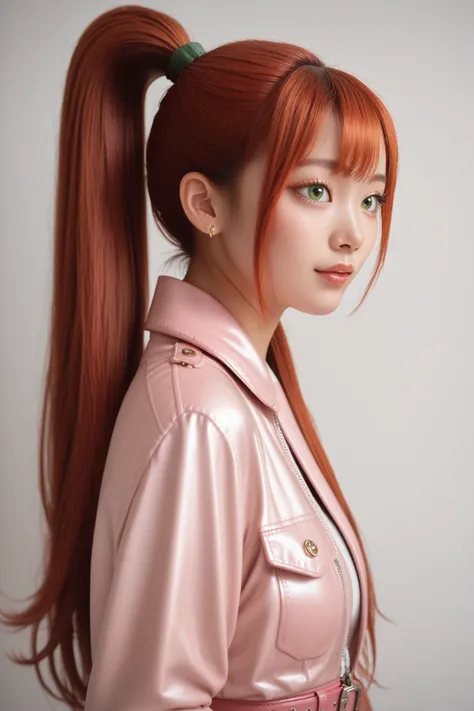 beautiful, young asian, redhead, long hair, high ponytail, dark green eyes, pink leather 