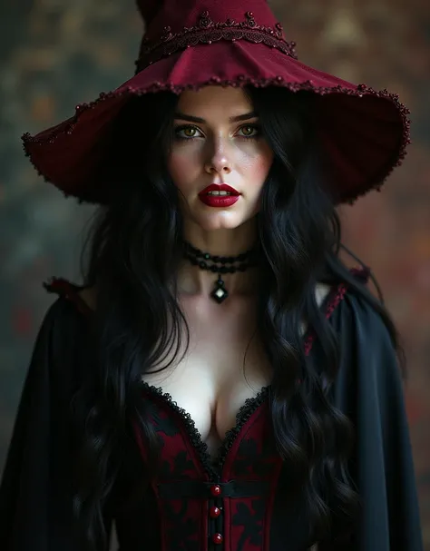  Woman with wavy black hair ,  pale white skin , red lips wine with fangs ,  wearing a black medieval dress ,  wearing wine red hat hood with pointed black nails 