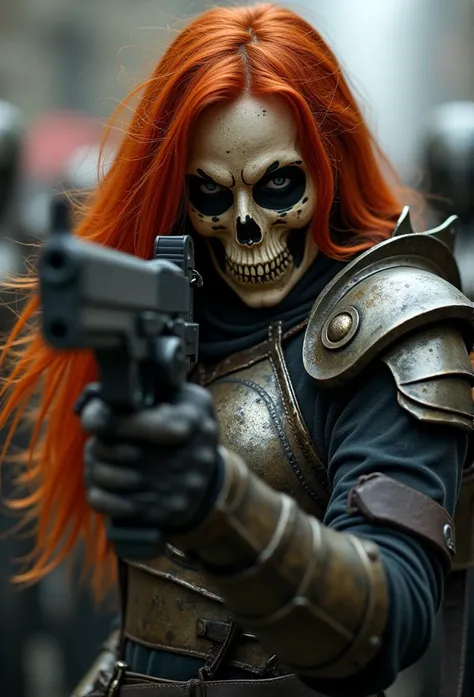 ((  masterpiece )) ((photograph)) (( highest quality )) Red-haired brunette, , girl,  skull mask , Armor, army, Gun wielding ,  The Death Squad