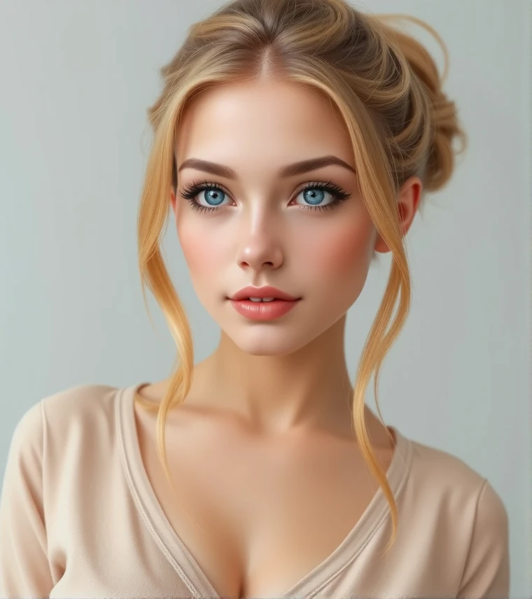 Beautiful blonde woman, hair tied into bun, shy, wearing v-neck shirt, realistic photo