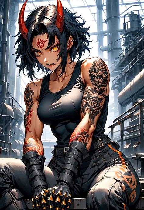 solo, female, oni girl, close up, deep crimson skin, two curved horns protruding from her forehead, orange eyes, slit pupils, short black hair, messy hair, lone fang, clawed hands, short arm spikes, tattoos, broad shoulders, stocky build, muscular, tight-f...